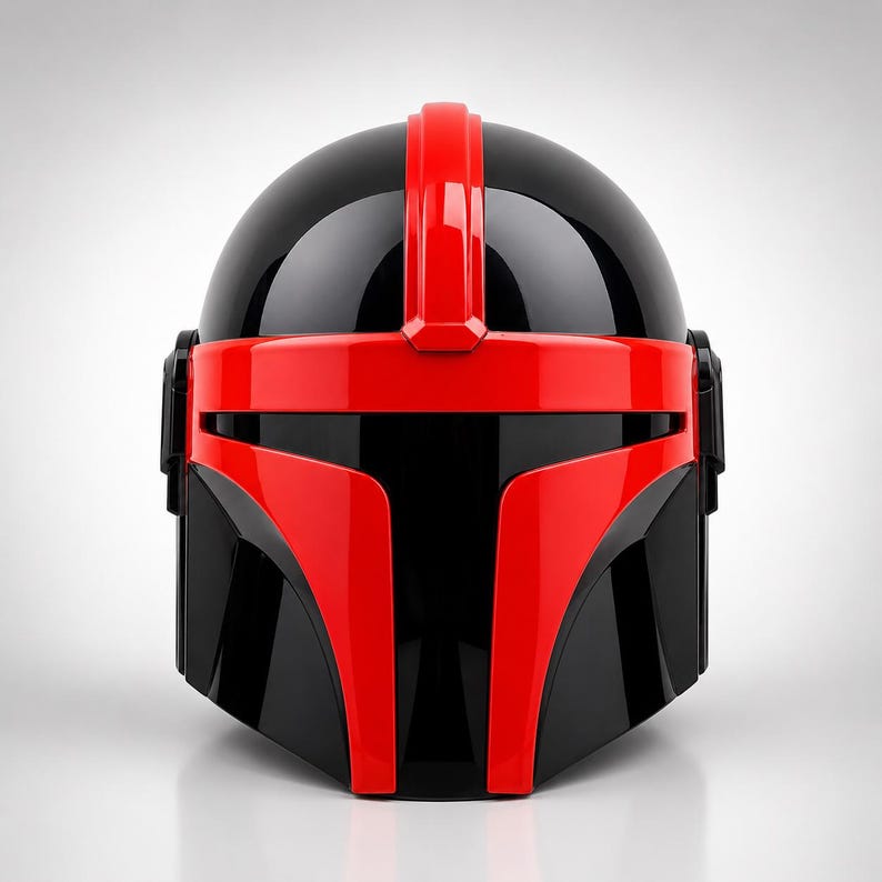 May include: A glossy helmet featuring a bold color scheme of black and bright red. The design includes a central vertical red ridge, a horizontal red band across the visor area, and two vertical red accents framing the dark black faceplate.