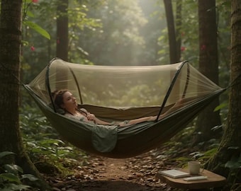 Hamaca ligera para acampar con mosquitero y postes - Hamaca portátil para exteriores para senderismo y mochilerismo - Protección contra insectos de color verde militar