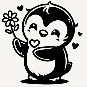 Lindo pingüino ofreciendo flores