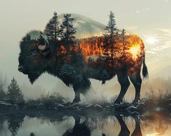 Bison PNG, Sunset Forest Buffalo Clipart, Double Exposure Wildlife Sublimation Design, Western Nature Digital Download