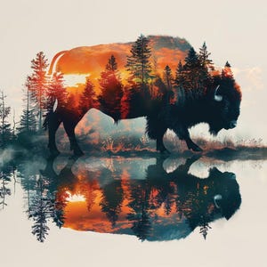 May include: A digital art print of a bison silhouette with a sunset and forest scene overlay. The bison is black, and the sunset features orange and red hues. The image is reflected in the water below.