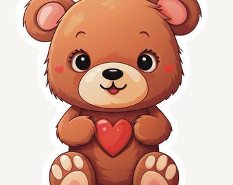 May include: A cartoon illustration of a brown teddy bear with a red heart. The bear has large black eyes, pink ears, and a small smile. The bear is sitting down with its paws visible.