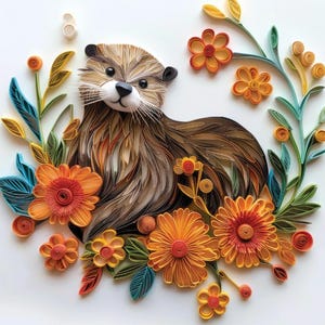 May include: A paper quilling artwork featuring a brown otter surrounded by orange, yellow, and red flowers and green and blue leaves. The otter has a black nose and eyes, and white whiskers. The artwork is set against a white background.