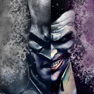 May include: A split image depicting Batman and the Joker. Batman's side is in monochrome, with a textured look and a fragmented effect. The Joker's side is in colour, with a sinister grin and purple highlights.