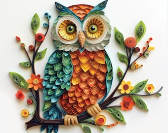 Puede incluir: Una colorida obra de arte de quilling de papel de un búho posado en una rama. El búho presenta tonos de azul, verde, naranja y amarillo. La obra de arte incluye flores y hojas, todas hechas de papel.