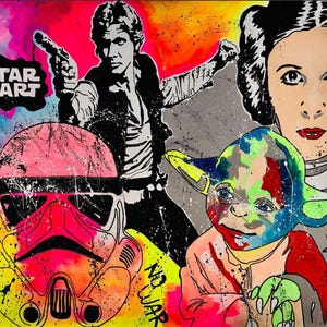 Peut inclure: Œuvre d'art Star Wars de style pop art représentant Han Solo, la princesse Leia, Yoda et un casque de Stormtrooper. Les mots "STAR ART" et "NO WAR" sont visibles. L'œuvre utilise des couleurs vives et des effets d'éclaboussures.