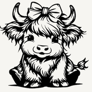 May include: Black and white illustration of a Highland cow calf. The calf is sitting with a bow on its head. The image has a cartoon style with detailed fur and a cute expression.