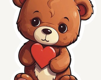 May include: A cartoon illustration of a brown teddy bear holding a red heart. The bear has large, round eyes, small ears, and is sitting down. The bear's fur is a light brown color.