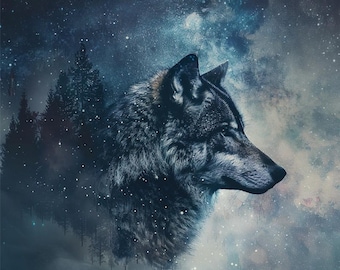Mystische Wolfswald-Galaxie-Kunst, Doppelbelichtungs-Wildtierdesign (Digitaler Download)