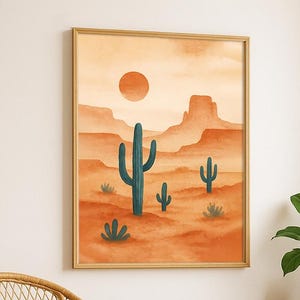 Desert cactus landscape wall art, boho southwestern decor, earthy terracotta sunset painting, nature-inspired rustic home decor