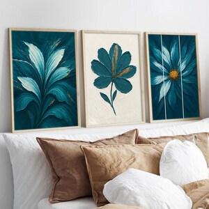 Set of 3 Teal Floral Wall Art Prints – Modern Abstract Botanical Painting – Blue Flower Artwork for Bedroom, Living Room & Home Decor
