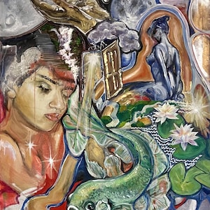 May include: An abstract painting with a surreal theme. The artwork features a woman's face, a fish, a seated figure, and a door. The color palette includes shades of blue, green, gold, and red. The painting has a dreamlike quality with celestial elements.