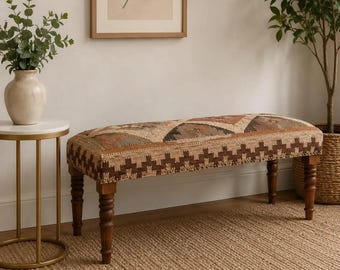 Boho Upholstered Bench, Tribal Entryway Bench, Farmhouse Bedroom Bench, Handmade Accent Bench, Living Room Seating Furniture