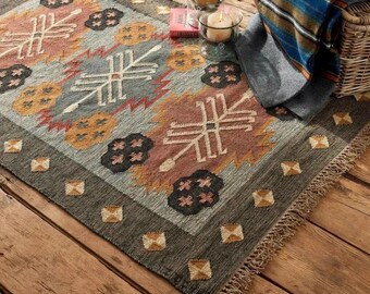 Handmade Wool Jute Kilim Rug | Geometric Boho Area Rug