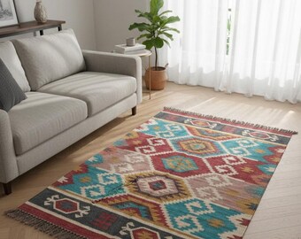 Handwoven Wool Jute Kilim Rug | Colorful Tribal Boho Style