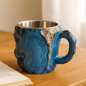 Geode Ceramic Mug, Blue Agate Cup, Crystal Stone Texture, Handmade Mug, Luxury Coffee Cup, Gift for Him and Her, Unique Artisan Gift