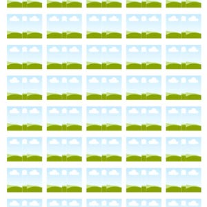 May include: A repeating pattern of small landscape images. Each image features a blue sky with white clouds, green hills, and a blue foreground. The pattern is arranged in a grid on a white background.