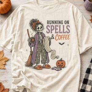 Running on Spells and Coffee Shirt, Witch Skeleton Tee, Funny Halloween Coffee Lover Sweatshirt Gift