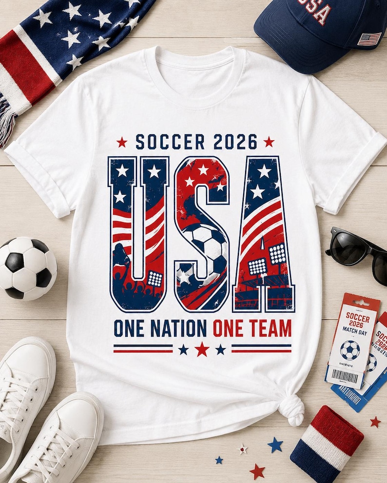 May include: White t-shirt with a patriotic design for the 2026 Soccer World Cup. The word "USA" is prominently displayed in red, white, and blue, with a soccer ball graphic. The text "SOCCER 2026" and "ONE NATION ONE TEAM" are also featured.