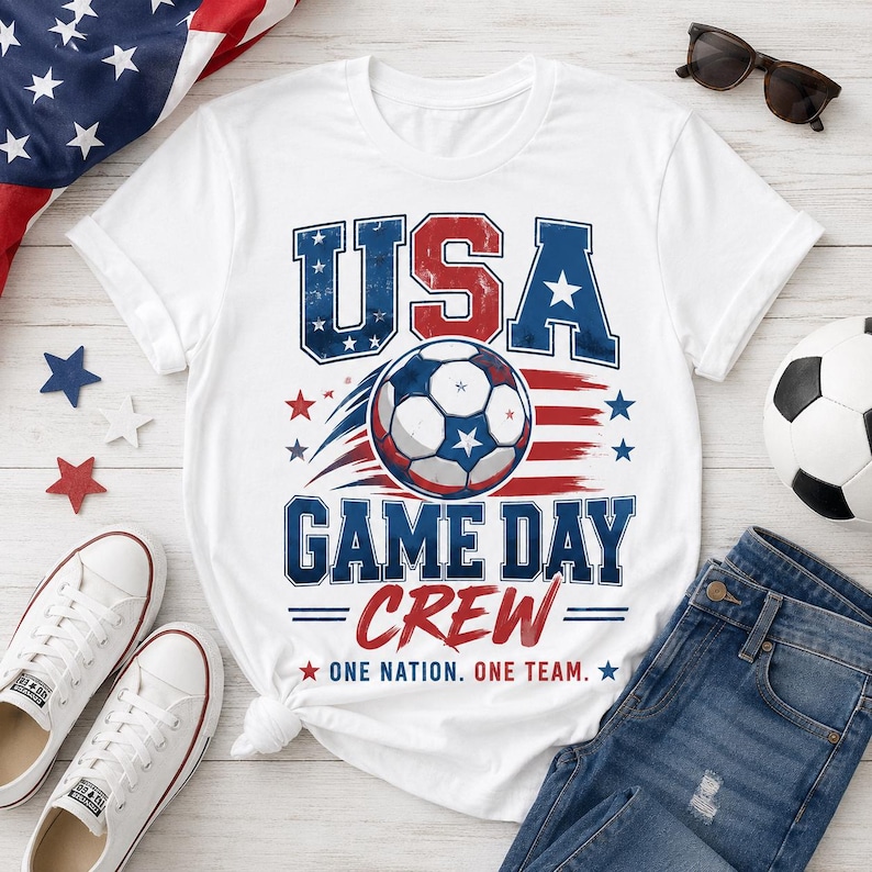 May include: White t-shirt with a graphic design featuring "USA" in red and blue, a soccer ball, and the text "GAME DAY CREW." The design includes stars and the phrase "ONE NATION. ONE TEAM."