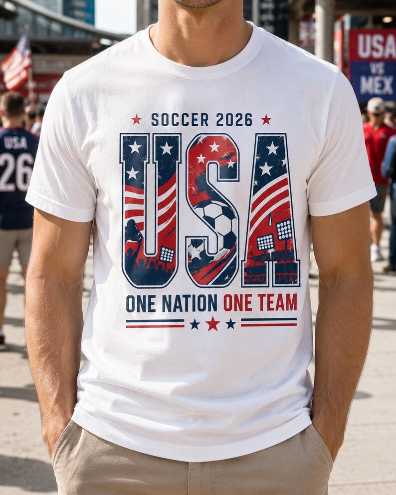 May include: White t-shirt with a patriotic design for the 2026 Soccer World Cup. The shirt features the word "USA" in red, white, and blue, with a soccer ball graphic and the text "ONE NATION ONE TEAM".