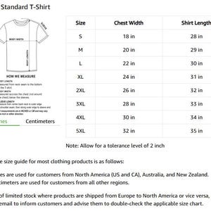 May include: A white size chart for a unisex standard t-shirt, with measurements in inches. The chart includes chest width and shirt length for sizes S to 5XL. The chart also includes a diagram showing how to measure the body width, body length, and sleeve length.