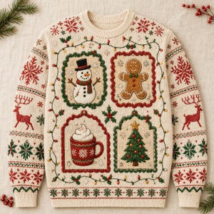 May include: A cream-coloured knit jumper featuring a festive holiday pattern. The design includes four framed panels displaying a snowman, a gingerbread man, a mug of hot cocoa, and a Christmas tree, surrounded by red reindeer and snowflakes.