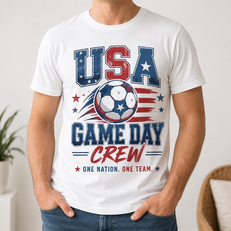 May include: White t-shirt with a patriotic soccer design. The shirt features the word "USA" in red and blue, a soccer ball, and the words "GAME DAY CREW" with the text "ONE NATION. ONE TEAM."