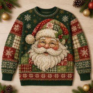 May include: A long-sleeved knitted jumper featuring a patchwork pattern in dark green and deep red. The design includes white snowflakes and a large central graphic of Santa Claus wearing a matching hat with holly berries and round spectacles.