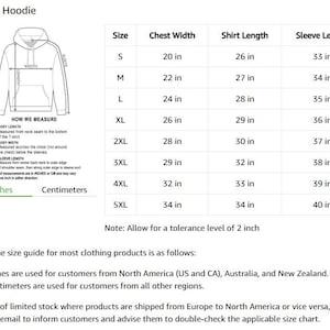 May include: Size chart for a unisex hoodie, with measurements in inches. Includes chest width, shirt length, and sleeve length for sizes S through 5XL. The chart also provides instructions on how to measure the body length, body width, and sleeve length.