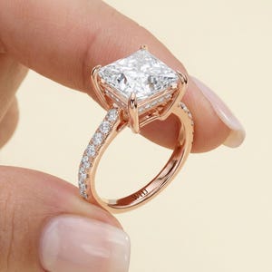 4 CT Princess Lab Grown Diamond Engagement Ring, Solitaire, 14k Solid Gold Pave Collar, Commitment Ring, Free Stud Earrings