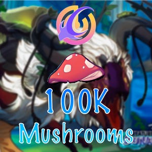 May include: A digital illustration featuring a red mushroom with white spots, a circular logo, and the text "100K Mushrooms" in blue. The background is a blurred fantasy scene with green and white elements.