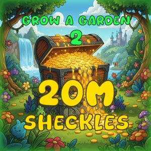 May include: A digital illustration of an open wooden treasure chest overflowing with gold coins. The text reads GROW A GARDEN 2, 20M, and SHECKLES. The scene features a lush garden with colorful flowers, a waterfall, and a distant castle.