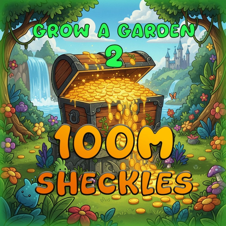 May include: A wooden treasure chest overflowing with gold coins in a vibrant garden setting. The text reads GROW A GARDEN 2, 100M, and SHECKLES. The scene includes a waterfall, a distant castle, and colorful flowers in a cartoon illustration style.