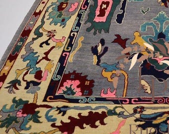 Hand Knotted Oushak Wool Rug: Pink, Green, Turkish, Modern 8x10