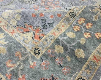 Tappeto Oushak / Tappeto in lana annodato a mano / Stile orientale turco floreale blu e rosa