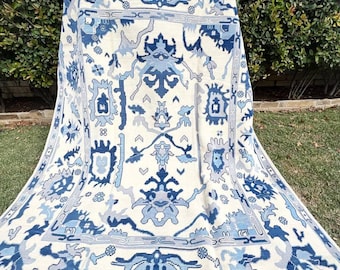 Blue Oushak Rug | Hand-Knotted Wool Turkish Area Rug | Ivory & Navy Tribal Carpet | Vintage Boho Decor | Large Oriental Rug for Living Room