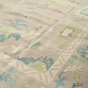 Hand-Knotted Oushak Wool Rug: Beige & Aqua Turkish Carpet