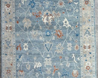Hand Knotted Blue Oushak Rug | Vintage Turkish Wool Carpet Rug for Living Room, Bedroom, Bohemian Rug, 9x12 Wool Area Rug, 10x14 Area Rug