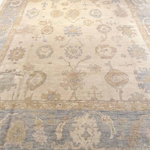 Neutral Oushak Rug | Handmade Turkish Wool Carpet | Faded Beige Blue Oriental Floral | 9x12 Large Vintage Area Rug for Living Room