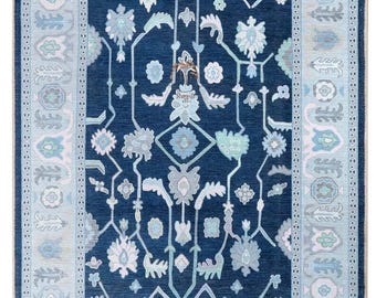 Hand Knotted Turkish Wool Oushak Rug | Vintage Floral Carpet