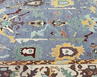 Handmade Oushak Rug | Vintage Turkish Area Rug | Blue & Ivory Wool Carpet | Oriental Boho Rug 6x9 | Anatolian Floor Decor