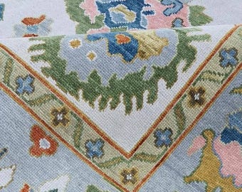 Hand-Knotted Wool Oushak Rug: Colorful Turkish Vintage Carpet