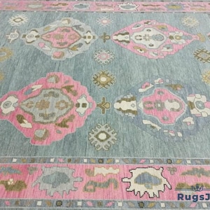 Pink Aqua Oushak Rug | Handwoven Turkish Wool Area Carpet | Soft Pastel Medallion Design | Boho Vintage Home Decor | 100% Wool Rug