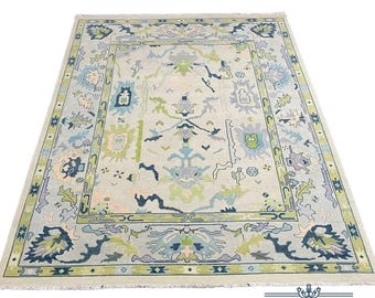 Green Oushak Rug 8x10 | Hand-Knotted Turkish Wool Area Rug | Ivory Vintage Carpet | Modern Farmhouse Decor | RugsJP