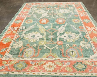 Vintage Turks oushak-tapijt 8 x 10: handgeknoopt wollen vloerkleed 6 x 9, boho-vloerkleed boerderijstijl, groen oosters oushak-tapijt voor woonkamer 9 x 12