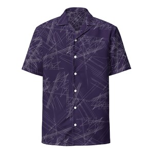 May include: A short-sleeved button-down shirt in a deep purple hue, adorned with a white linear pattern. The shirt features a classic collar, a chest pocket, and white buttons. The design is a modern take on a casual shirt.