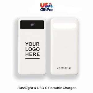 White 10,000mAh Charger – USB-C & iOS Built-in Cable Customizable Laser Engraved