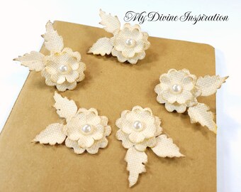 A-4813 Beige Burlap Flowers Handmade Paper Flowers and Embellishments for Scrapbook Cards Mini Albums Journals and Paper Crafts