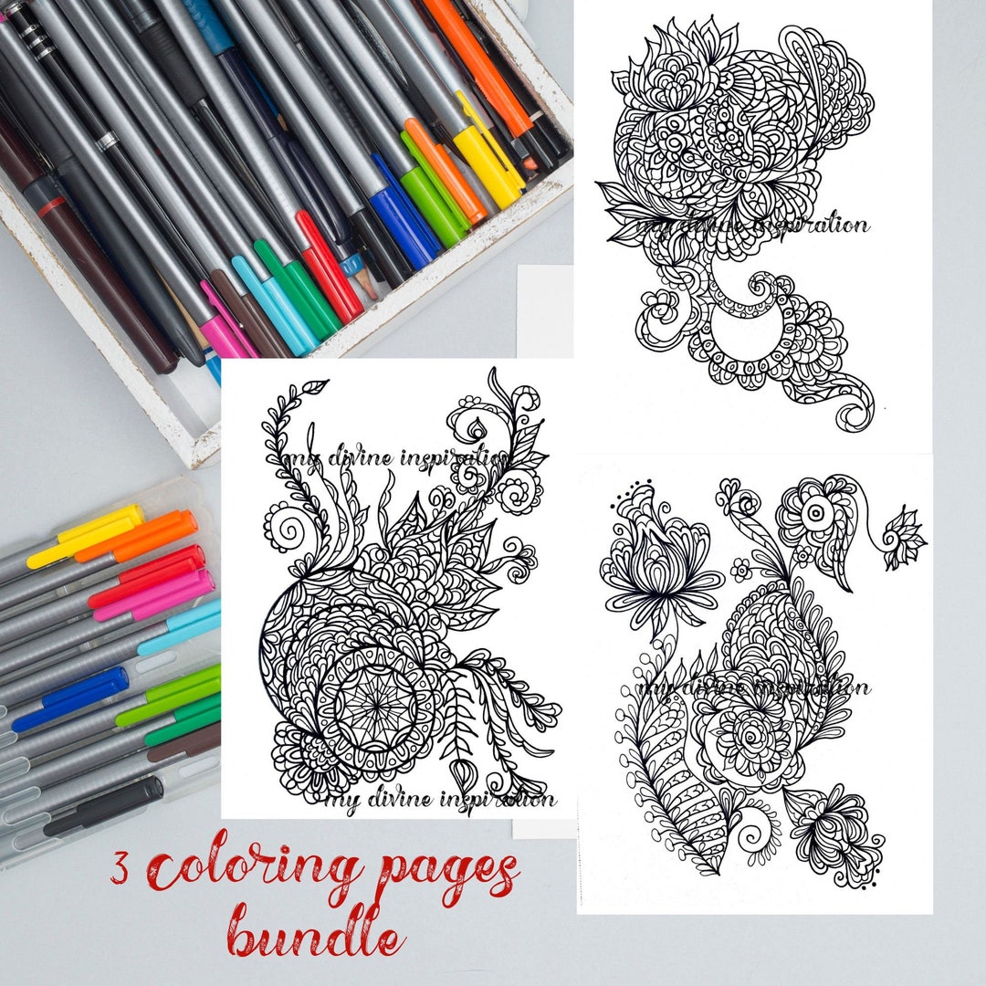 3 Handdrawn Doodle Coloring Pages, Digital Download, Wall Art